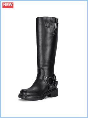 Women's Knee High Riding Boots Square Toe Harness Faux Leather